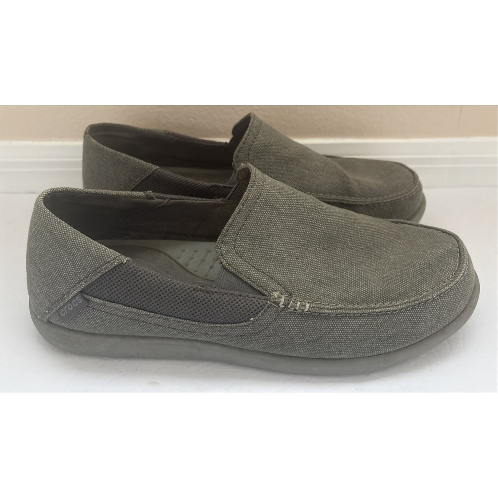Crocs Santa Cruz 2 Luxe Shoes Mens Gray Khaki Canvas Slip On Comfort Loafers 11